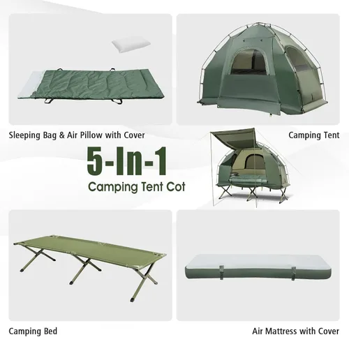 Vista 3 de Tangkula Combo de Catre de Tienda 5 en 1 con Toldo, Colchón de Aire, Saco de Dormir, Almohada, Tienda Individual Elevada con Bolsa de Transporte