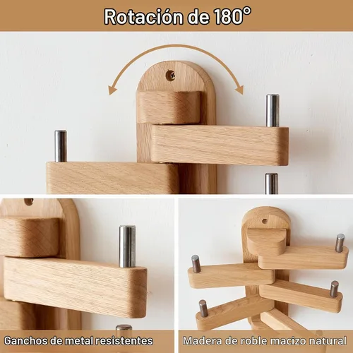 Vista 2 de Perchero giratorio de roble con ganchos para abrigos, ganchos de pared de madera con 5 brazos plegables giratorios, perchero de pared de 30 cm