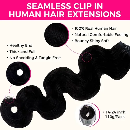 Vista 3 de Lashey Extensiones de cabello humano con clip, sin costuras, #1, color negro azabache, extensiones de cabello humano real, extensiones de cabello