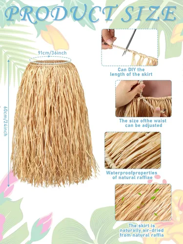 Vista 2 de Giegxin Faldas de hierba de rafia natural, falda tropical Luau Hula para adultos, mujeres y hombres, falda hawaiana para fiesta, disfraz de playa