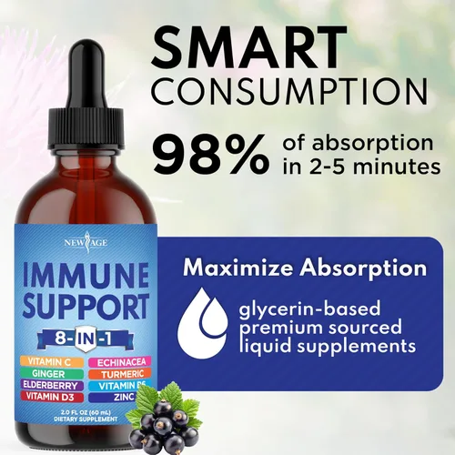 Vista 6 de NEW AGE Gotas líquidas de apoyo inmunológico 8 en 1 – Baya de saúco, curcumina de cúrcuma, equinácea, jengibre, vitaminas C y D3, zinc y B6 – Apoyo