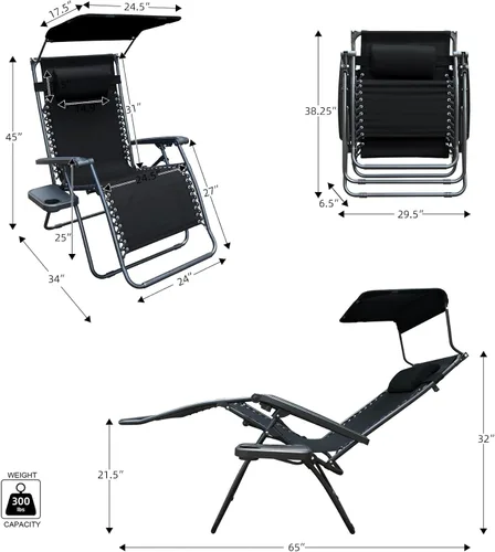 Vista 3 de Jeco Silla de gravedad cero de gran tamaño con sombrilla y bandeja de bebidas - Negro