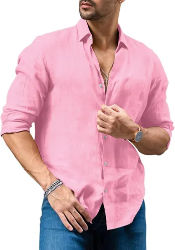 Vista 2 de Camisas con botones para hombre manga larga lino playa casual algodón para verano ligeras