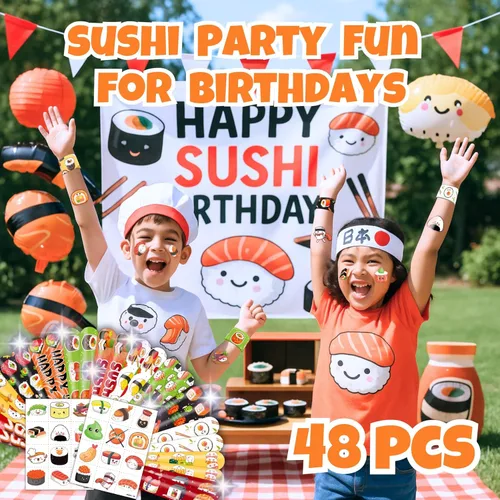 Vista 2 de 48 piezas de decoraciones de fiesta de sushi, tatuajes temporales