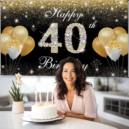 Vista 3 de Decoraciones de feliz cumpleaños 40 para hombres y mujeres, pancarta de fondo de cumpleaños número 40 negro y dorado, cartel de patio, accesorios
