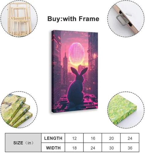 Vista 2 de Retro Futuristic Easter Wall Art – Neon Bunny with Cyber Egg – Synthwave 80s Sci-Fi Cityscape Poster – Unique Easter Decor & Gift for Vaporwave Fans