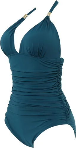 Vista 17 de RXRXCOCO - Traje de baño fruncido de una pieza, con cuello en V, para mujer, con control de abdomen y cuello halter