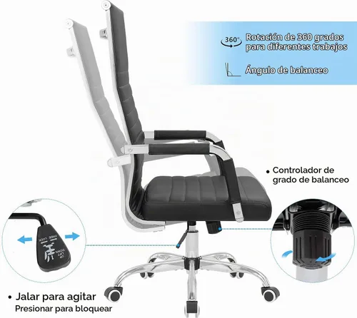 Vista 4 de Silla de oficina acanalada con respaldo alto, silla de escritorio de piel sintética, silla giratoria ajustable, silla de computadora con Negro