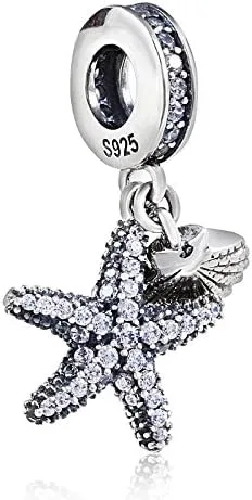 Vista 3 de Colgante de estrella de mar tropical y concha de mar cuentas de plata de ley 925 pulsera de estilo europeo