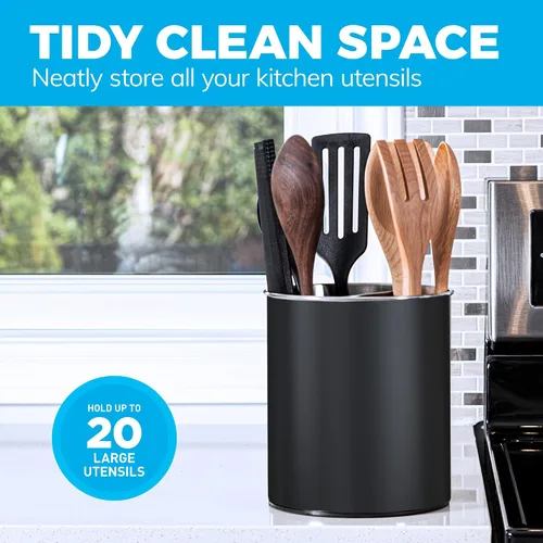 Vista 5 de Cooler Kitchen Portautensilios Giratorio Negro Extra Grande de Acero Inoxidable con Base Pesada Resistente Antivuelco, Divisor Extraíble e Inserto