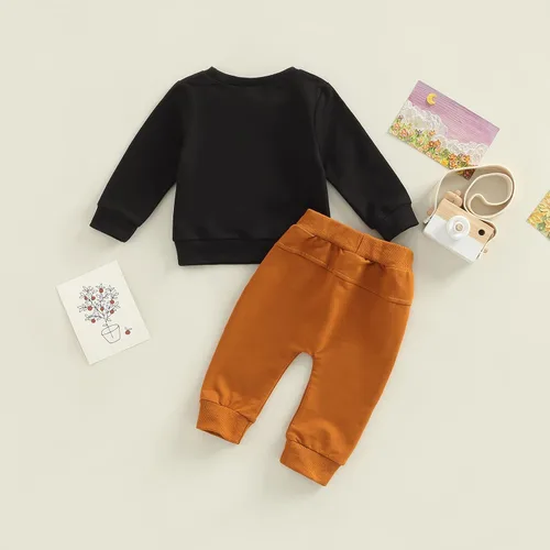 Vista 4 de Zempertoopa Conjunto de ropa para bebés y niñas con estampado de letras, sudadera con pantalones largos sólidos, 2 piezas, para otoño e invierno