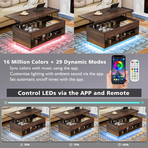 Vista 13 de HOMMPA Mesa de centro moderna con tapa elevable con almacenamiento para sala de estar, mesa de centro LED, mesa de comedor de madera con 2 cajones