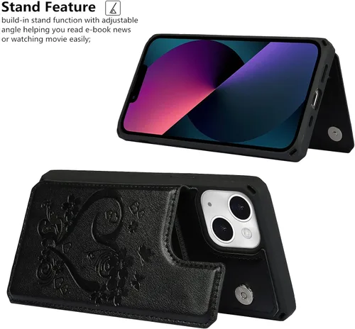 Vista 6 de iCoverCase Funda cartera compatible con iPhone 13 con soporte para tarjetas para mujeres, funda con correa de muñeca de cuero PU en relieve