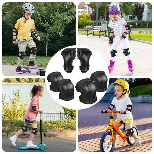Vista 6 de Rodilleras para niños, rodilleras y coderas, conjunto de equipo de protección para niños y niñas con protectores de muñeca 3 en 1 para patinaje Negro