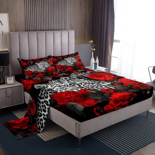 Vista 15 de Erosebridal Sábanas de cama de guepardo con rosa roja, juego de sábanas de bolsillo profundo con estampado de leopardo y gato, sábana bajera