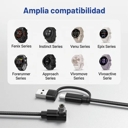 Vista 8 de Itramax Cable de carga 2 en 1 para Garmin Watch Cable de alimentación de 4 Ángulo - Negro