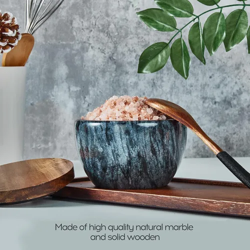 Vista 4 de MarcZero - Salero grande con caja de especias y condimentos, contenedor de pimienta, base de mármol con cubierta de madera, diseño elegante de gran