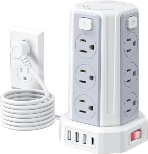 Vista 10 de Tira de alimentación con protector de sobretensiones, cable de extensión de 6.5 pies con 12 tomas múltiples de CA, 4 USB (1 USB C), estación de Negro