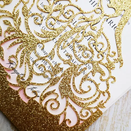 Vista 6 de 50 tarjetas de invitaciones de boda doradas cortadas con láser para cumpleaños, dulces 15 quinceañeras, invitaciones de fiesta de quinceañera, boda