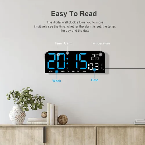 Vista 5 de JoFomp Reloj de pared digital LED decorativo, reloj despertador digital de 10 pulgadas para dormitorios, reloj digital con pantalla grande