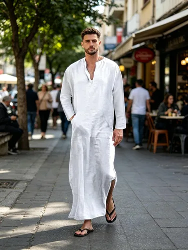 Vista 3 de Jacansi - Bata de cuello en V para hombre, manga corta, división lateral, caftán de algodón, thobe largo, tallas S-3XL Blanco (White #1)