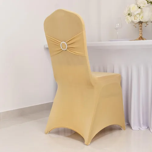 Vista 22 de Efavormart - Funda para silla de banquete de elastano beige con banda de hebilla de diamantes de imitación plateados, funda elástica para silla