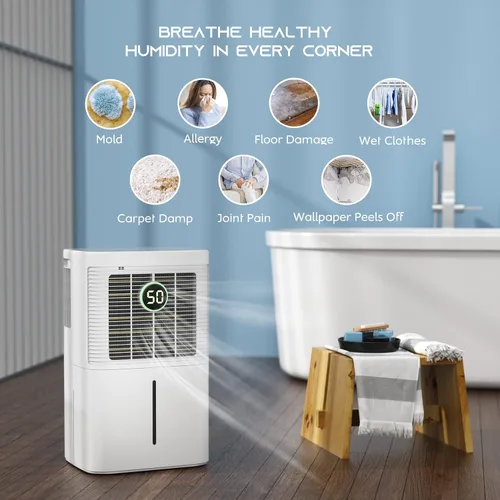 Vista 5 de HOGARLABS Deshumidificadores inteligentes de 50 pintas para el hogar y sótanos, con 3 modos de funcionamiento, protección contra desbordamiento