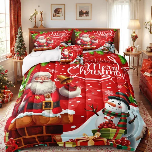 Vista 8 de Juego de edredón navideño de 4 piezas Papá Noel con copo de nieve blanco y rojo, juego de edredón con impresión de Navidad, festival de Navidad