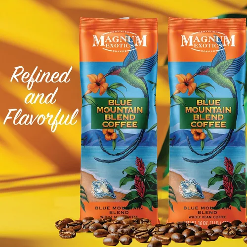 Vista 5 de Magnum Exotics Coffee Blue Mountain - Mezcla de café tostado medio ligero, grano entero, hecho de granos 100% arábica, sabor rico y suave, tostado