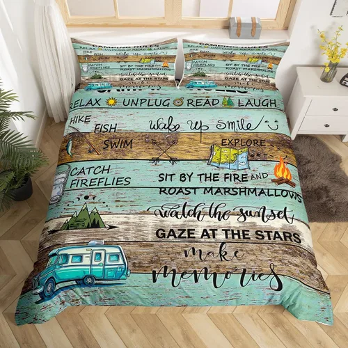 Vista 26 de Erosebridal Juego de funda de edredón de cabaña de cabaña, ropa de cama individual para niños, funda de edredón de campamento feliz, ropa de cama