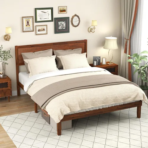 Vista 12 de KOMFOTT Base de cama de madera tamaño twin con cabecero, base de cama de plataforma de madera de acacia sólida, base de cama soportada por listones