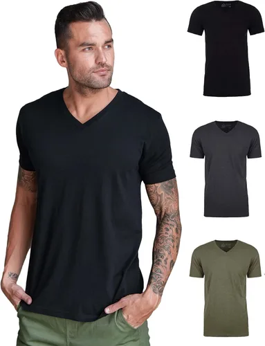 Vista 9 de Camiseta de manga corta con cuello en V para hombre, de algodón suave Sin marca - Blanco