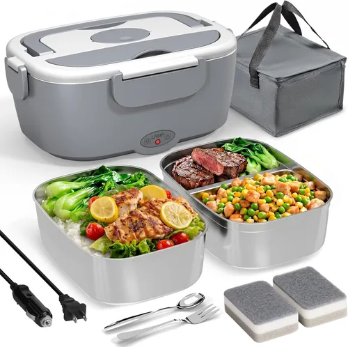 Vista 9 de Sitlais Lonchera eléctrica para adultos, calentador de alimentos portátil de calentamiento rápido con 2 recipientes de acero inoxidable 304 de 53
