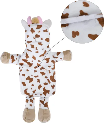Vista 3 de Mini calentador de botellas de agua caliente con linda funda de animal de peluche de vaca, cintura, cuello, hombro, bolsa de agua fría y caliente