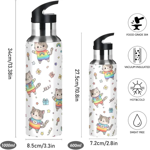 Vista 2 de Cute Cartoon Cats Rainbow Insulated Stainless Steel Water Bottle with Straw 20 Oz, BPA-Free Sports Water Bottle with Straw Leakproof Water Bottles