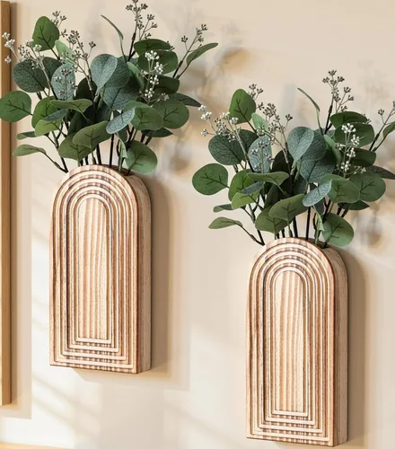 Vista 15 de DREAMLOOM Paquete de 2 jarrones de pared de madera con plantas artificiales de eucalipto, macetas para colgar en la pared, estilo bohemio y moderno