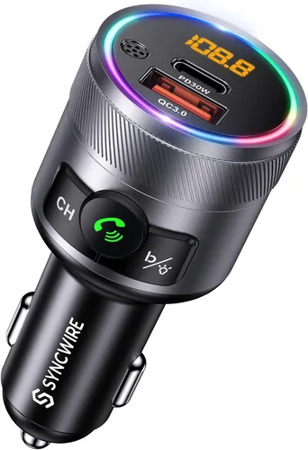 Vista 8 de Syncwire Transmisor FM Bluetooth 5.4 para coche, 38 W PD y QC3.0 Dual USB Carga Bluetooth Adaptador de coche Micrófono y sonido de graves MP3