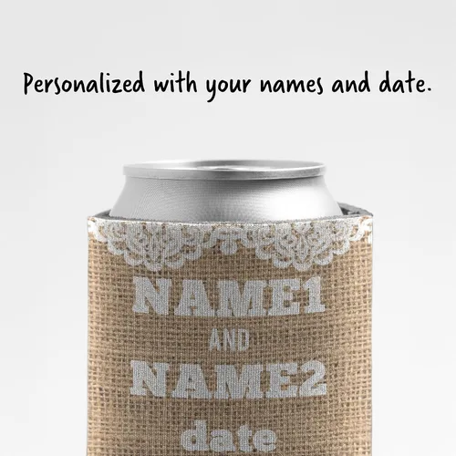 Vista 6 de Enfriadores de latas de boda rústicos personalizados - Diseño de arpillera "To Have and To Hold" - Personalizado con nombres y fecha - Juego de 25
