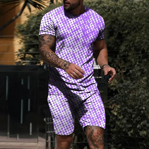 Vista 2 de ZDDO Conjunto deportivo de verano de 2 piezas para hombre, camisetas atléticas de lunares con pantalones cortos deportivos para sudar y entrenar