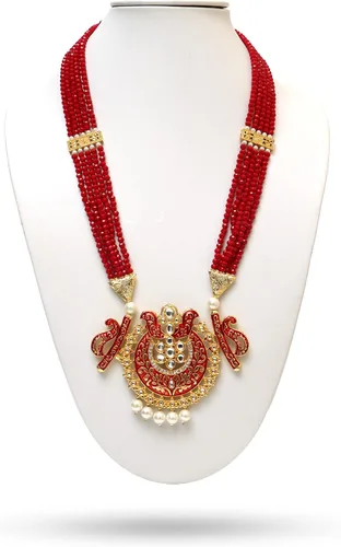 Vista 3 de OZANOO - Juego de collar Kundan Meena dorado largo y pesado para mujeres y niñas, juego de collar Kundan Jaipuri, joyería tradicional india