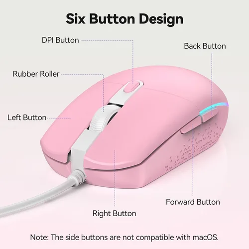 Vista 7 de TECKNET Ratón con cable con retroiluminación RGB, ratón de tamaño completo Rosa