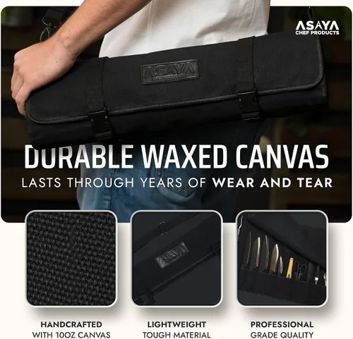 Vista 3 de Asaya - Bolsa enrollable de lona para cuchillos de chef - 10 ranuras para cuchillos y un gran bolsillo con cremallera - Funda duradera de lona