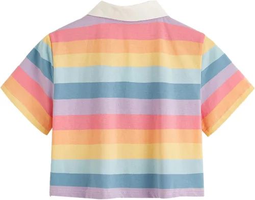 Vista 2 de SweatyRocks - Ombligueras de manga corta con cuello abotonado y estampado a rayas para mujer