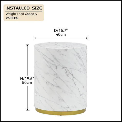 Vista 2 de WILLIAMSPACE Mesa auxiliar de madera con borde dorado y textura de mármol, mesa auxiliar redonda para espacios pequeños, mesa de sofá para sala