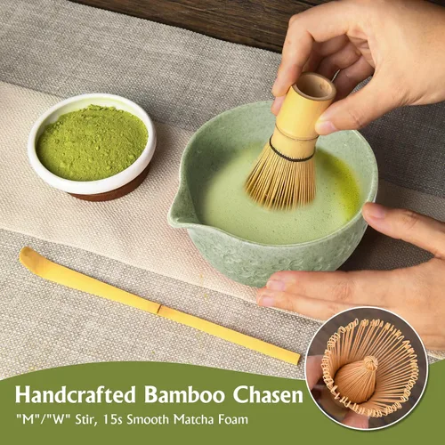 Vista 4 de Juego de té de batidor matcha: kit de matcha japonés – Cuenco de cerámica de bambú con soporte para cuchara medidora, cuchara medidora, práctica