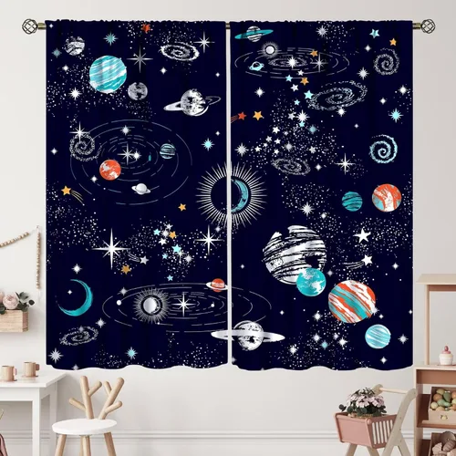 Vista 44 de Cortinas de planeta galaxia, espacio exterior, universo, nebulosa, estrellas, cielo estrellado, con bolsillo para cortinero, para sala de estar