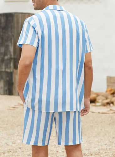 Vista 2 de JMIERR Conjunto de pantalones cortos para hombre, 2 piezas, camisa hawaiana casual de verano con botones y pantalones cortos