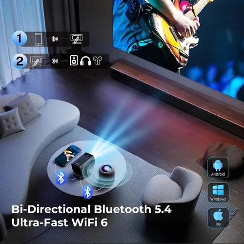 Vista 6 de Mini proyector para dormitorio con WiFi y Bluetooth bidireccional 1080P 4K soporte inteligente Android TV OS Aplicaciones integradas Keystone