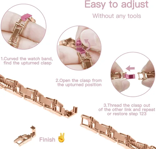 Vista 4 de Wipalor, compatible con la malla para reloj de Apple de 38mm y 40mm, liviana para mujer, pulsera fácil de ajustar, diamante brillante en la oro rosa