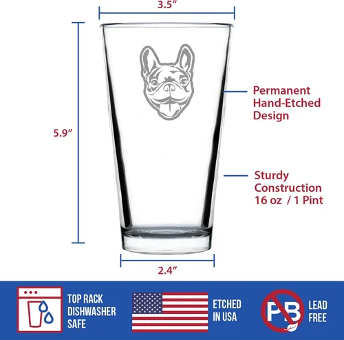 Vista 5 de Happy Frenchie - Vaso de pinta para cerveza, decoración divertida y única con temática de bulldog francés y regalos para hombres y mujeres, 16